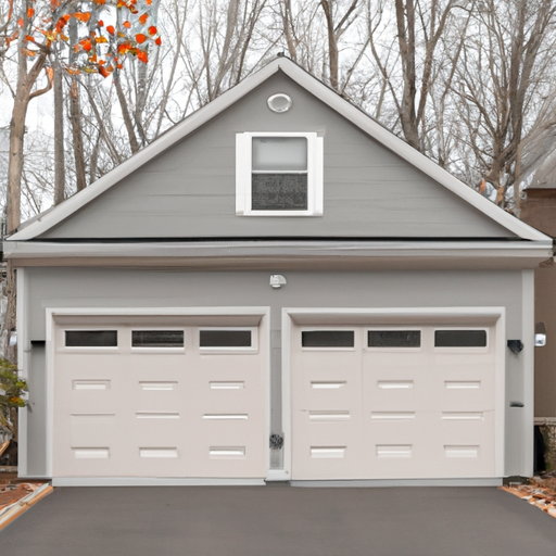 Modern raised-panel garage door on a suburban Sudbury, MA home with driveway and bare New England trees under an overcast sky