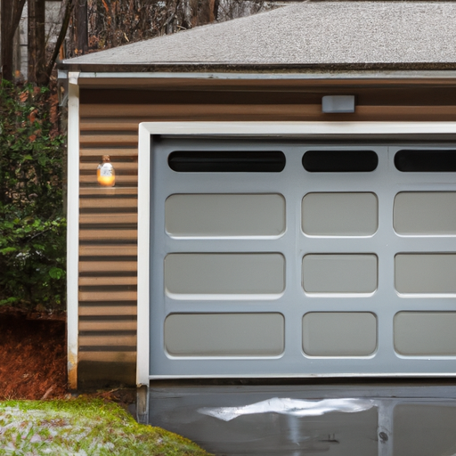 Closed steel garage door on a suburban Sudbury driveway with light snow and wet pavement in early morning light.
