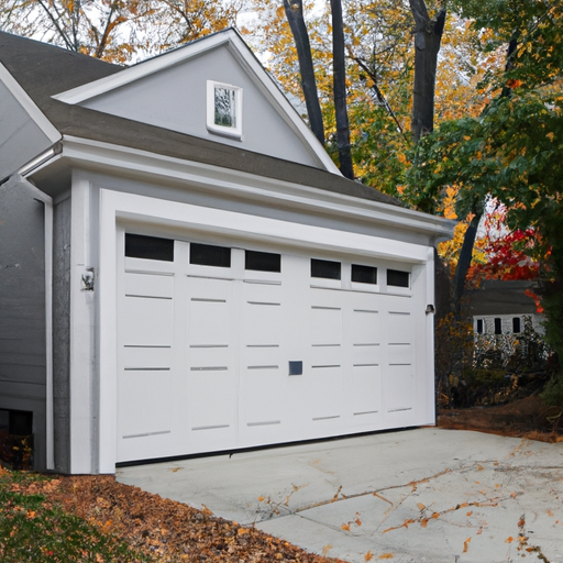 Insulated modern garage door on a suburban Sudbury, MA home, overcast New England light, driveway visible
