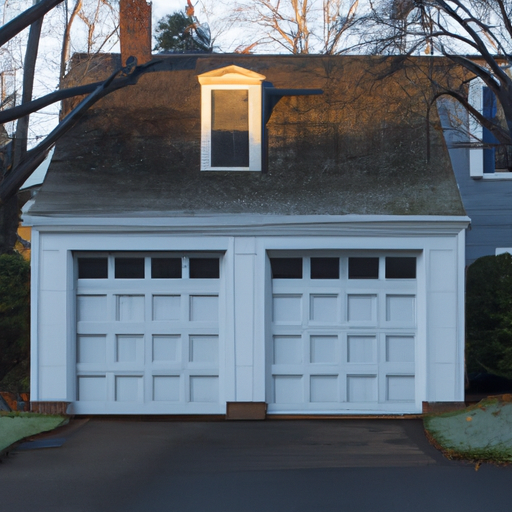 Suburban Sudbury driveway with a closed two-car paneled garage door on a colonial house at dawn, slight frost, no people.