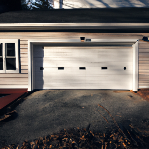 Suburban Sudbury garage with sectional door and visible weatherstripping in late afternoon light.