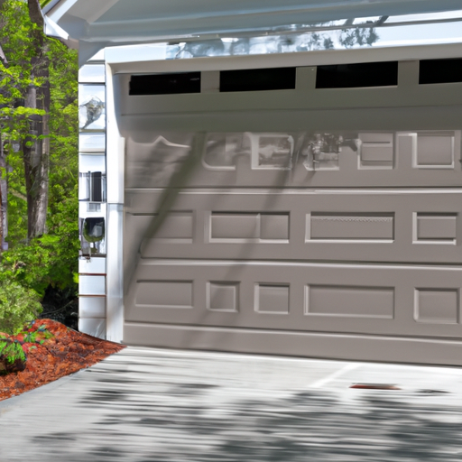 Suburban Sudbury home exterior with a modern garage door and visible smart keypad on the wall, daylight.