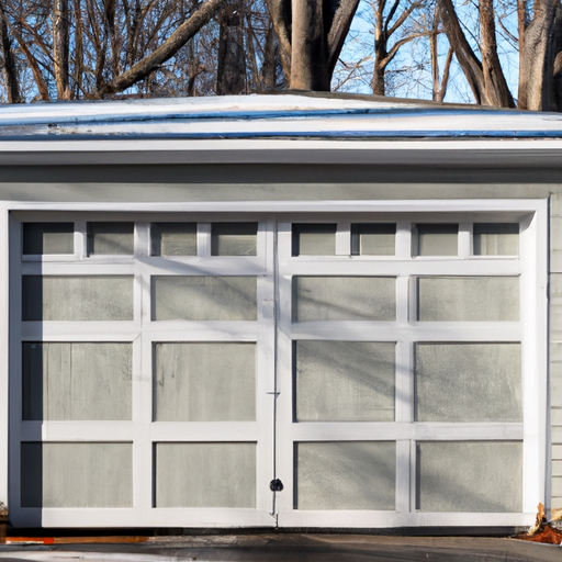 Insulated residential garage door with visible panels and weatherstripping in a Sudbury, MA suburban driveway, early morning light.