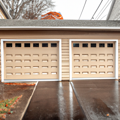 Closed insulated residential garage door on a Sudbury, MA home with visible threshold and weatherstripping, late autumn setting.