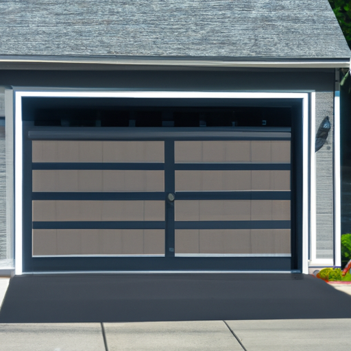 Sectional garage door on a Sudbury, MA suburban home, closed, clear panels and weatherstrip visible