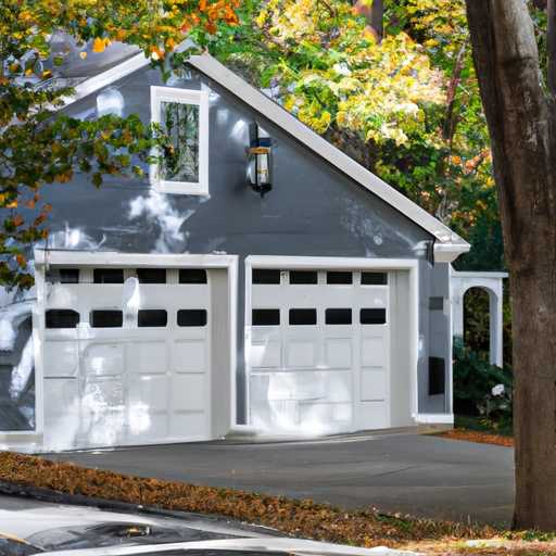 Sectional garage door slightly open at a colonial home driveway in Sudbury, MA on a clear day