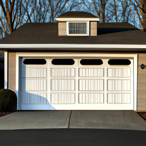 Suburban Sudbury garage exterior with a full garage door, driveway, and visible weatherstripping in late afternoon light.