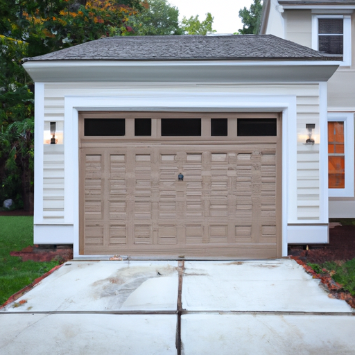 Colonial-style Sudbury, MA home with visible closed garage door in morning light, wet driveway, no people.