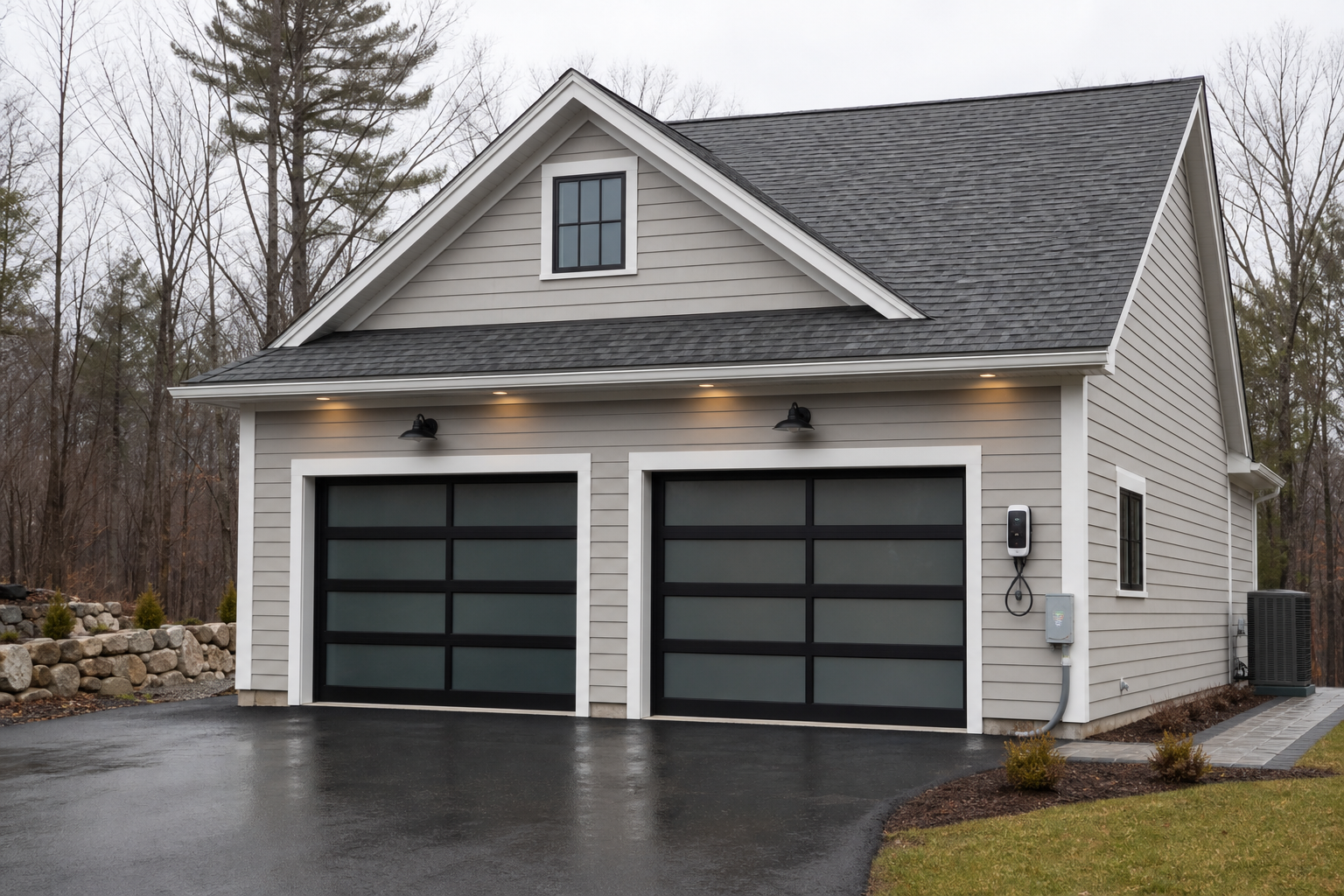 Suburban garage in Sudbury with a modern door and smart opener setup